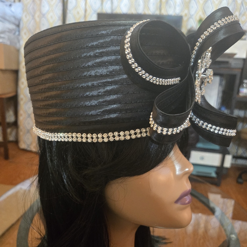 Dramatic Black And Silver Hat With Rhinestone Emb… - image 2